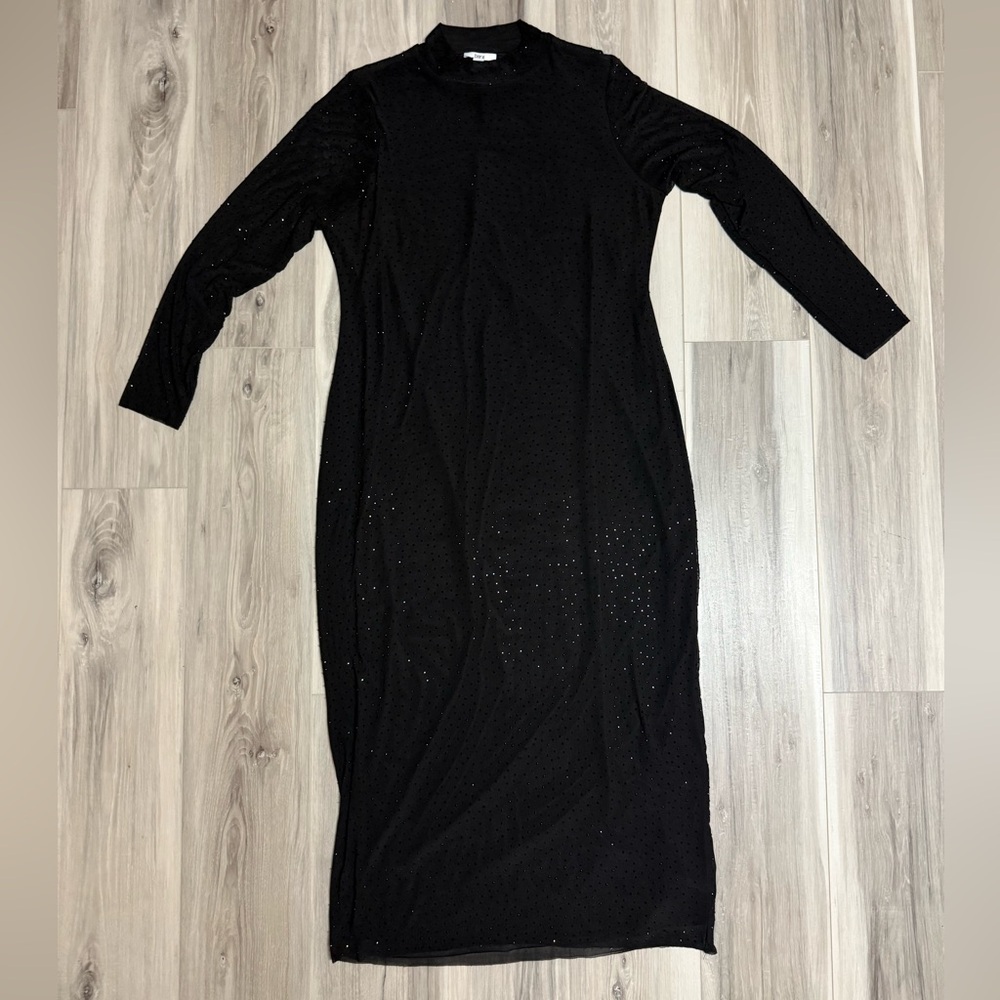 Mesh w/slip Black rhinestones Long Sleeve Dress